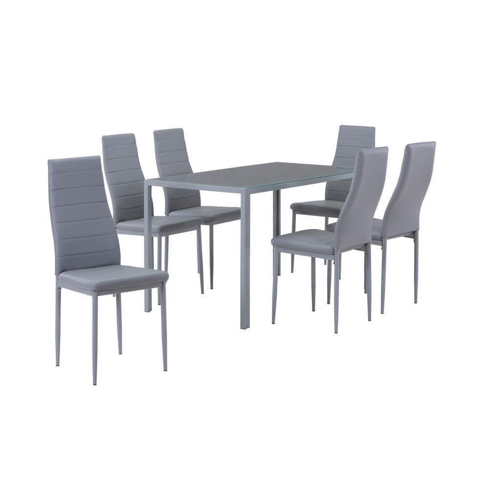 Simi 7 Piece Dining Table Set, Sleek Glass Top, 6 Chairs, Gray Metal By Casagear Home