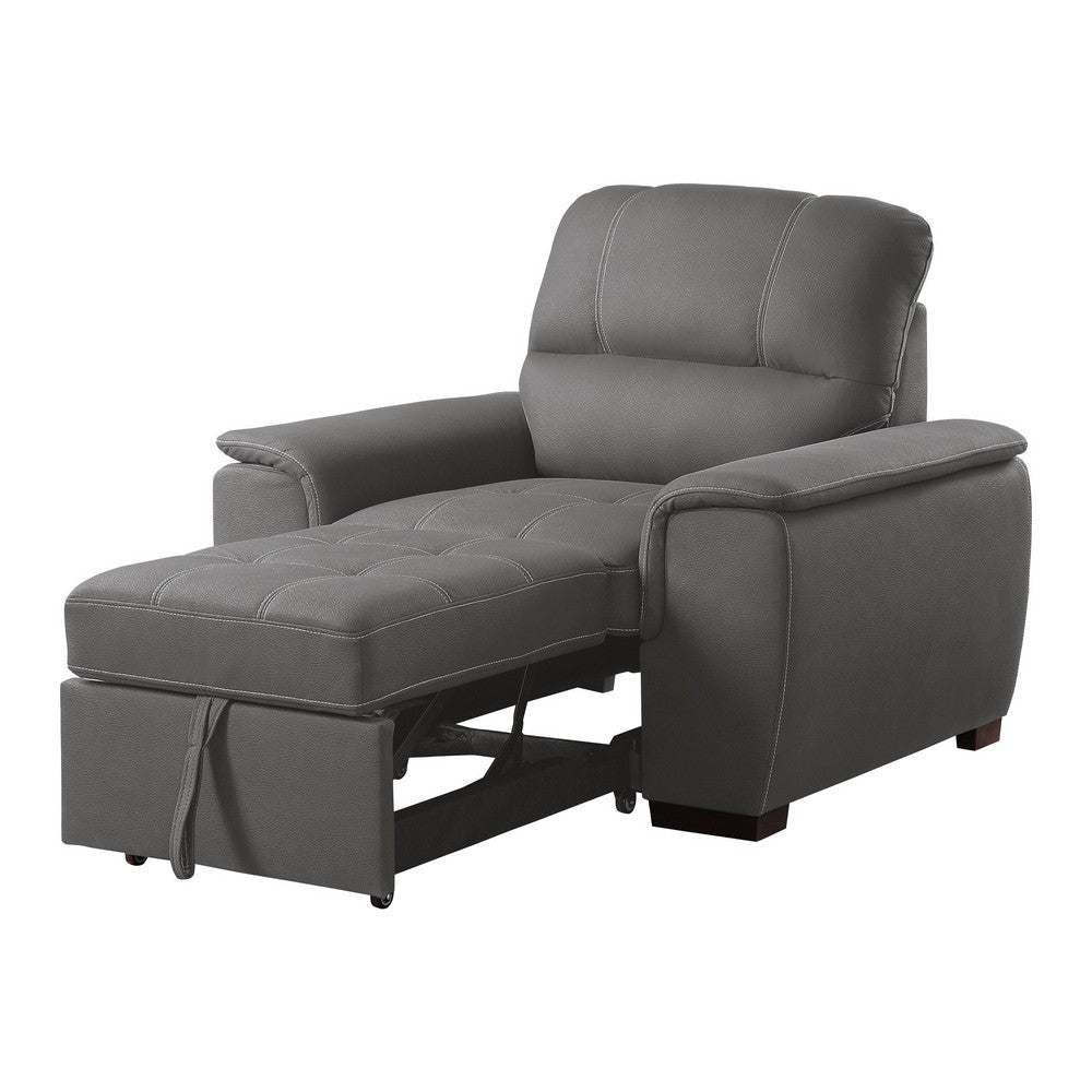 Mindy 38 Inch Chair with Pull Out Ottoman Stitched Tufted Gray Microfiber By Casagear Home BM316729