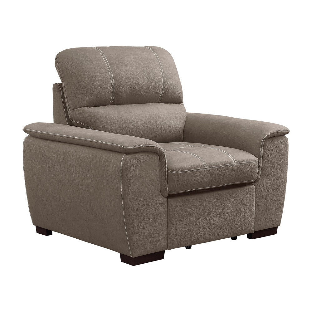 Mindy 38 Inch Chair with Pull Out Ottoman, Stitched Tufted Taupe Microfiber By Casagear Home