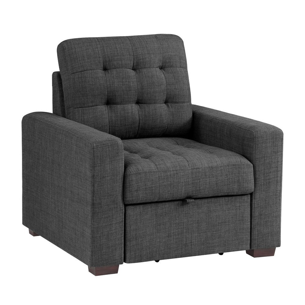 Cliff 37 Inch Chair, Pull Out Ottoman, Dark Gray Polyester, Espresso Wood By Casagear Home