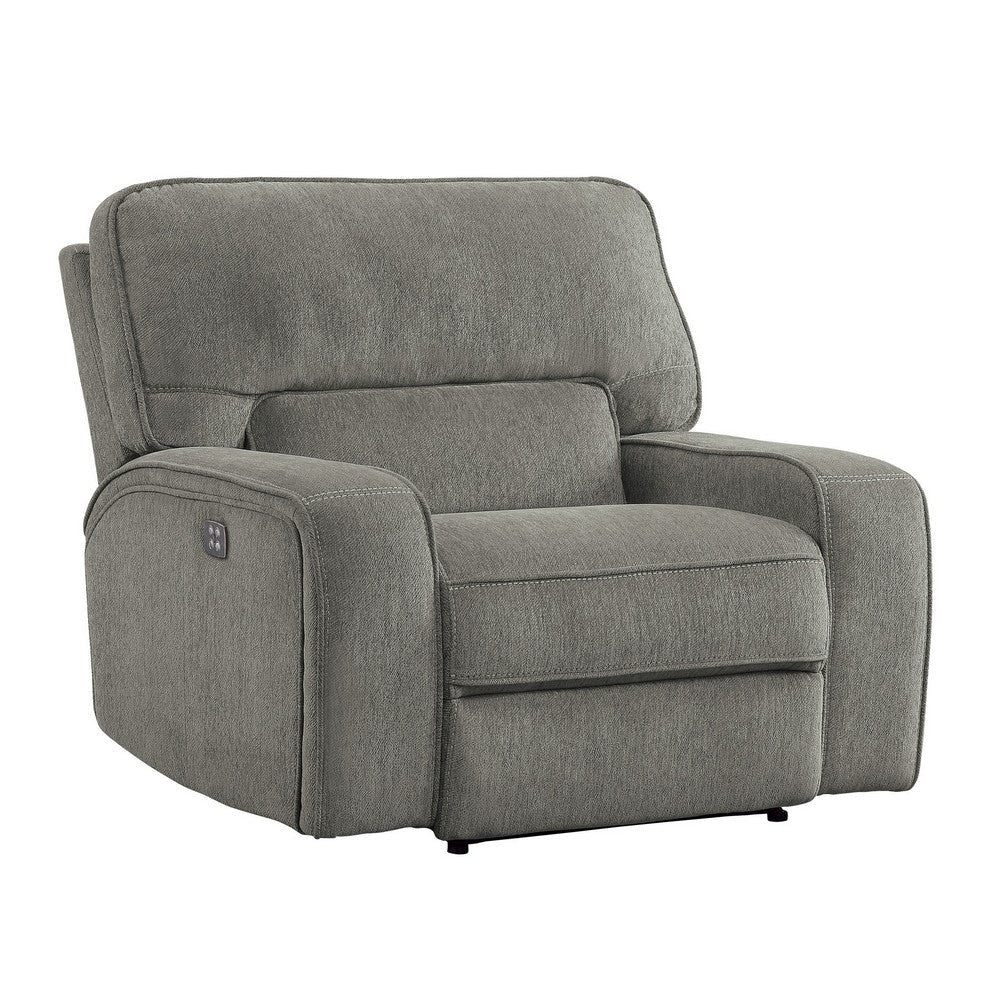 Neo 41 Inch Power Recliner Chair, Gray Chenille, USB Port, Solid Wood By Casagear Home