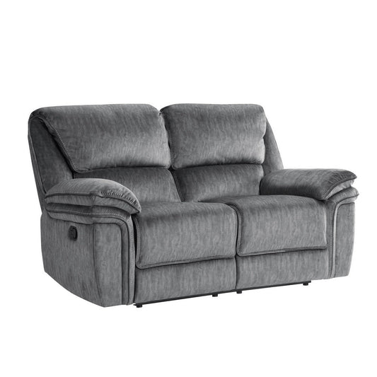 Muir 65 Inch Manual Recliner Loveseat, Tufted Gray Microfiber, Solid Wood By Casagear Home