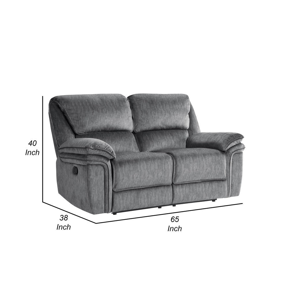 Muir 65 Inch Manual Recliner Loveseat Tufted Gray Microfiber Solid Wood By Casagear Home BM316746