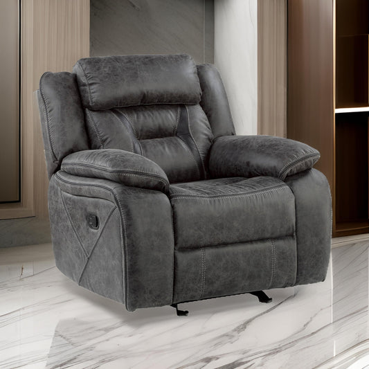 Mady 39 Inch Manual Glider Recliner Chair, Gray Microfiber, Solid Wood By Casagear Home