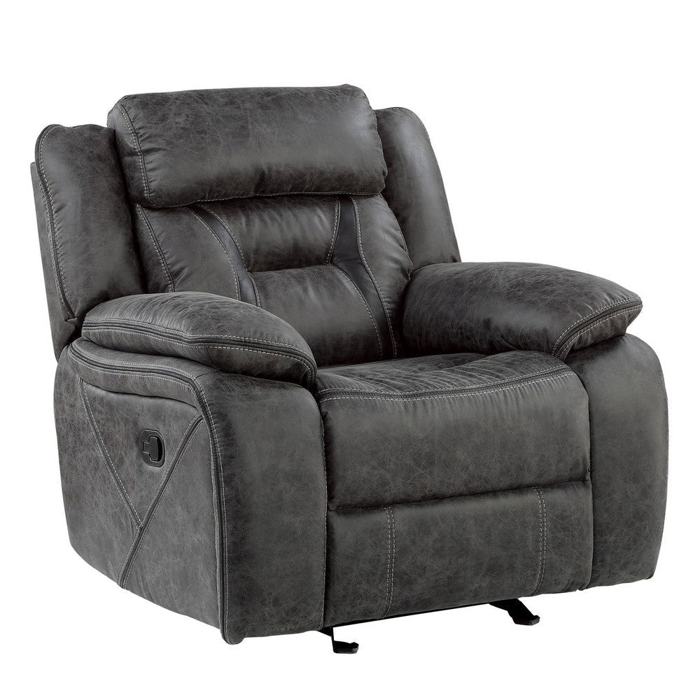 Mady 39 Inch Manual Glider Recliner Chair, Gray Microfiber, Solid Wood By Casagear Home