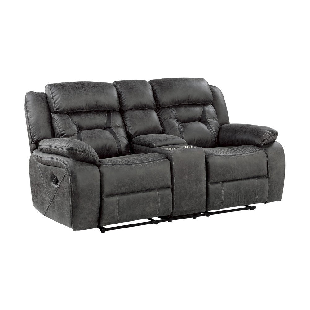 Mady 75 Inch Manual Recliner Loveseat, Center Console, Gray Microfiber By Casagear Home