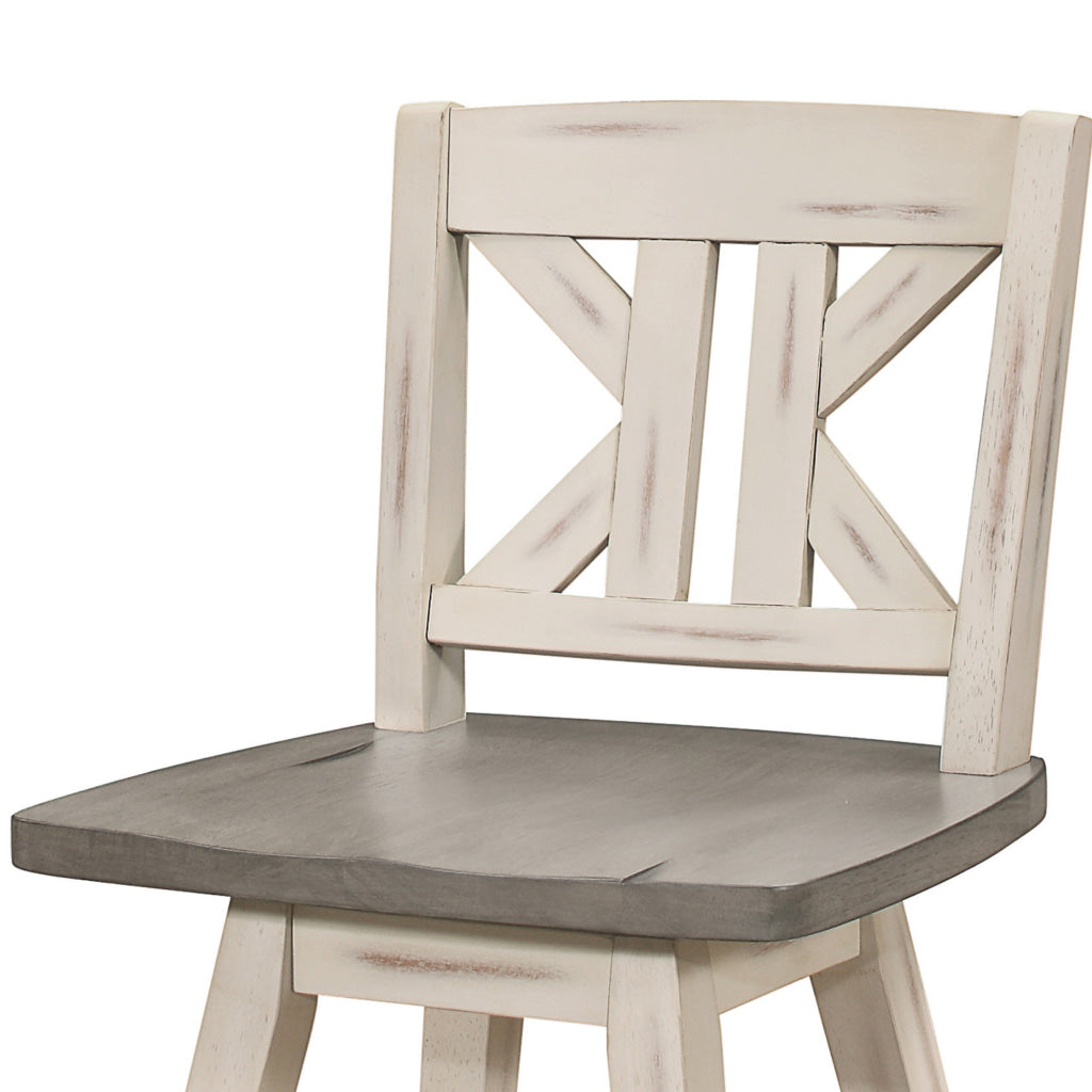 Ati 29 Inch Bar Height Stool Swivel Chairs Set of 2 Divided X Back Gray White By Casagear Home BM316755