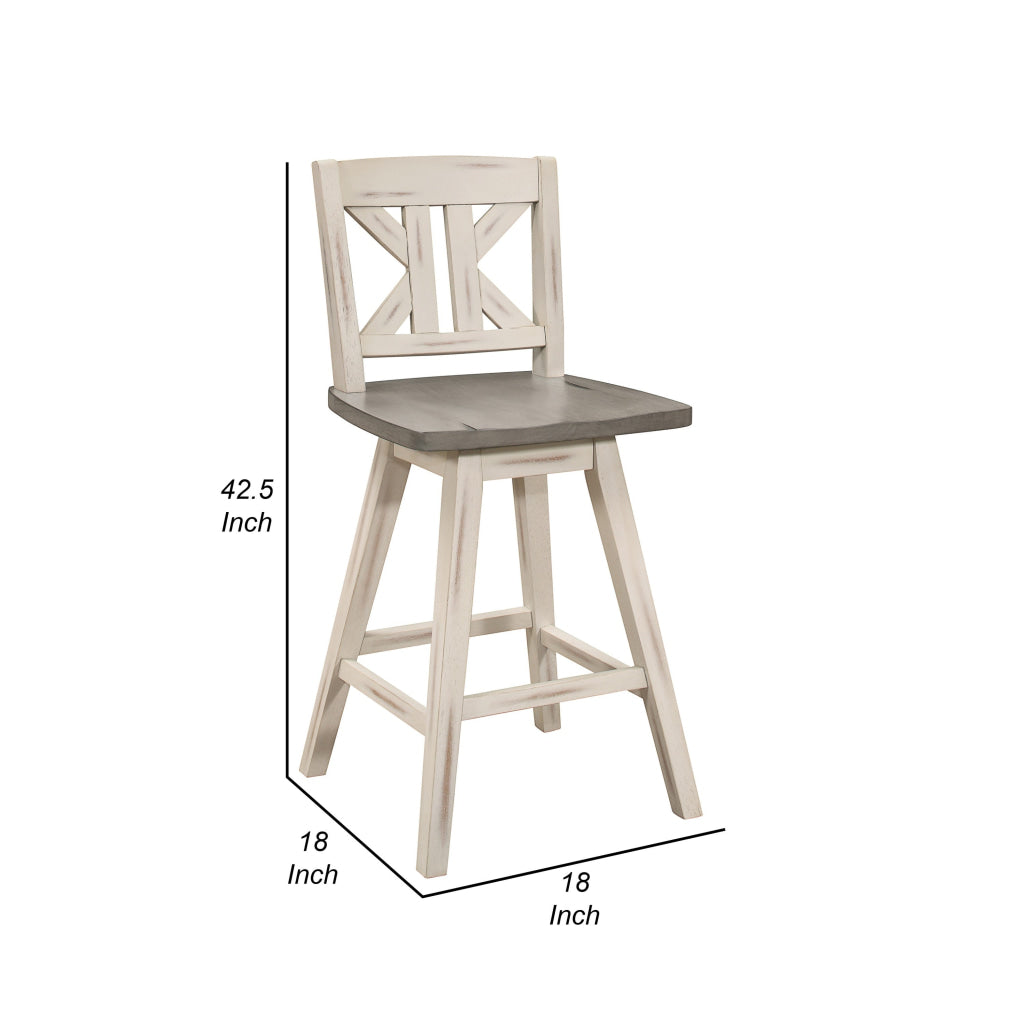 Ati 29 Inch Bar Height Stool Swivel Chairs Set of 2 Divided X Back Gray White By Casagear Home BM316755