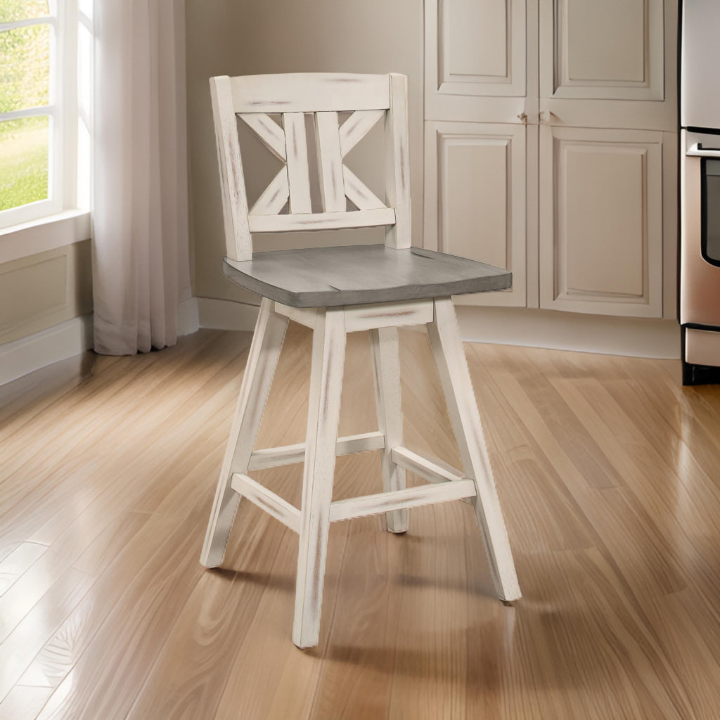 Ati 29 Inch Bar Height Stool Swivel Chairs Set of 2, Divided X Back, Gray, White By Casagear Home