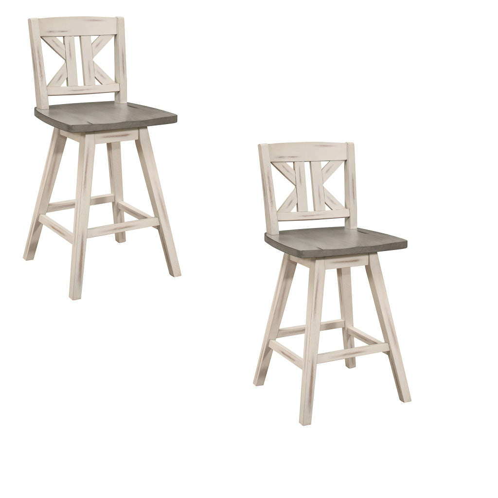 Ati 29 Inch Bar Height Stool Swivel Chairs Set of 2 Divided X Back Gray White By Casagear Home BM316755