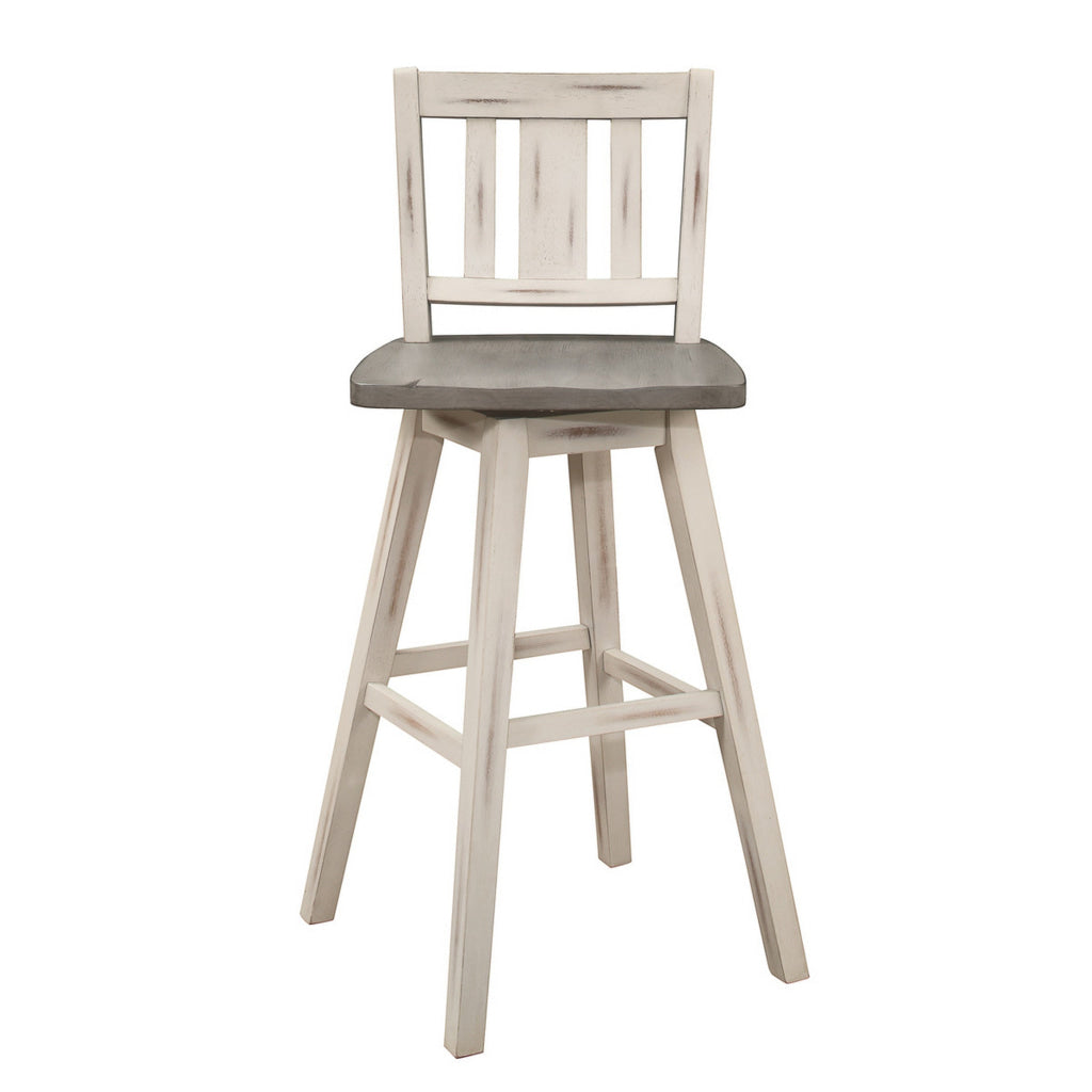 Ati 29 Inch Bar Height Stool Swivel Chairs Set of 2 Vertical Slat Back Gray White By Casagear Home BM316756