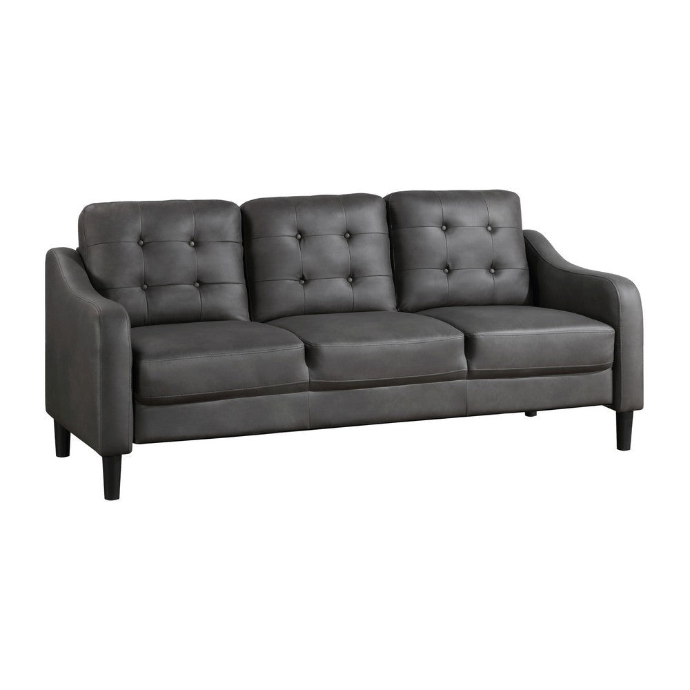 Orry 77 Inch Sofa, Button Tufted Back, Gray Microfiber, Black Solid Wood By Casagear Home