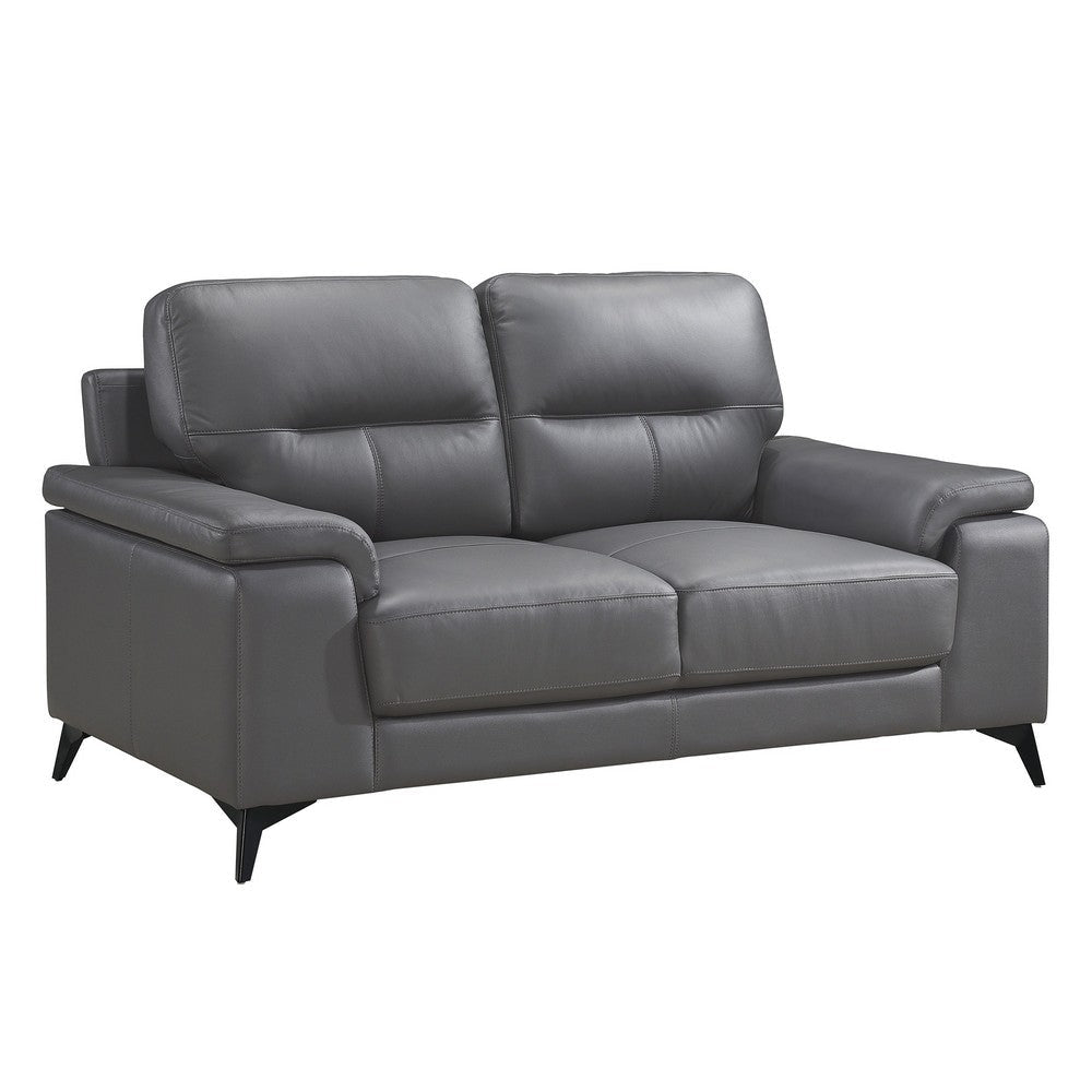 Mica 67 Inch Loveseat, Dark Gray Top Grain and Faux Leather, Metal Legs By Casagear Home