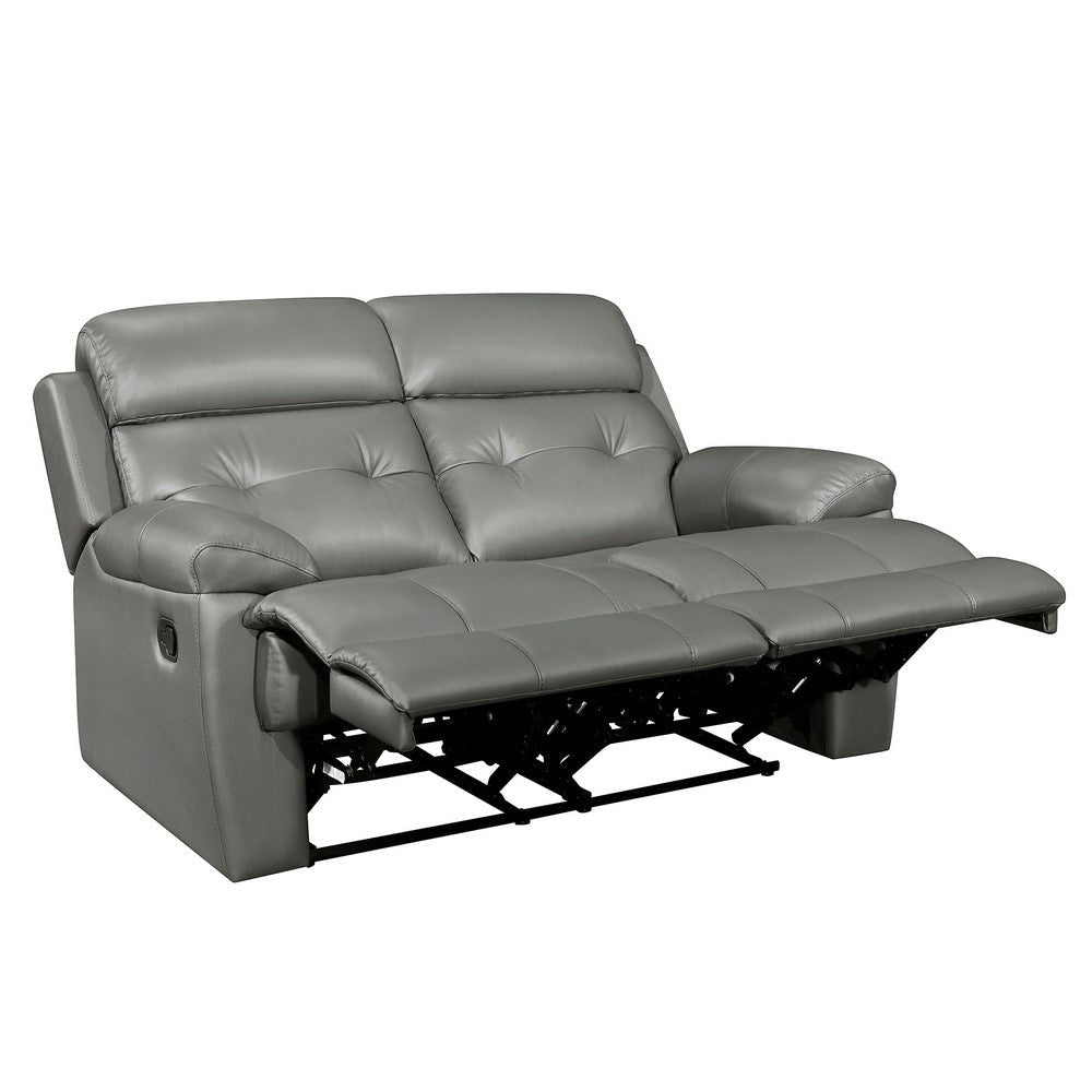 Logan 62 Inch Dual Manual Recliner Loveseat Light Gray Leather Solid Wood By Casagear Home BM316776