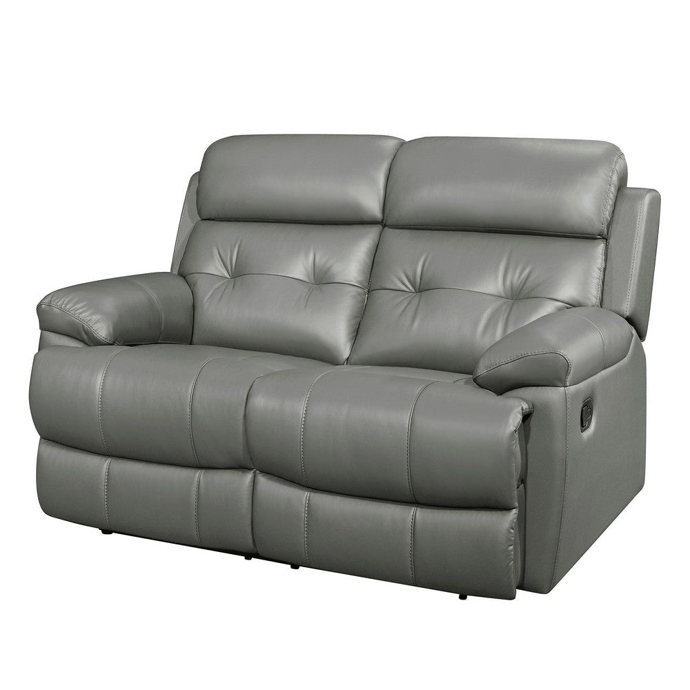 Logan 62 Inch Dual Manual Recliner Loveseat Light Gray Leather Solid Wood By Casagear Home BM316776