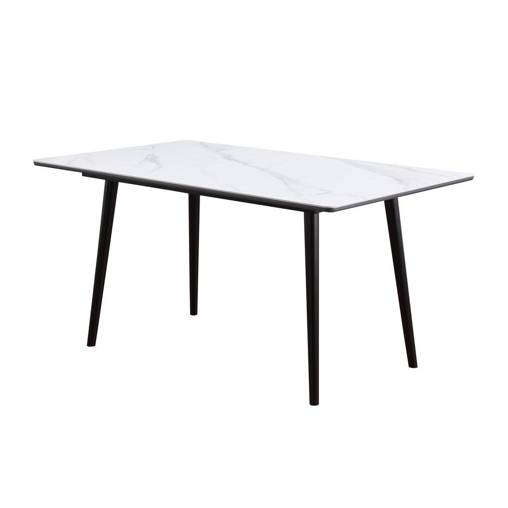 Aikya 60 Inch Dining Table, White Sintered Stone, Tapered Metal Legs By Casagear Home