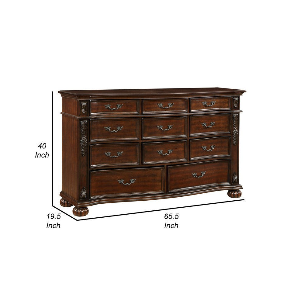 Nami 66 Inch Dresser 11 Dovetail Drawers Metal Handles Cherry Brown Wood By Casagear Home BM316803