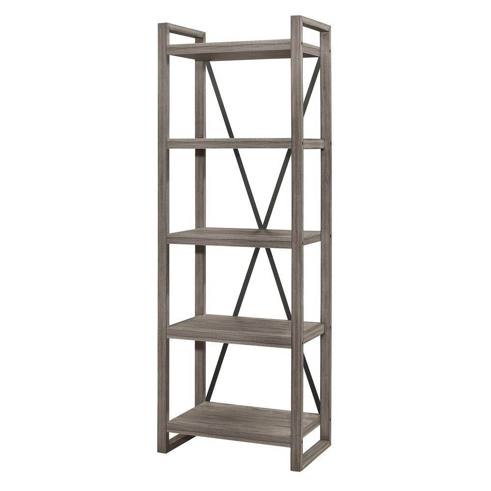 Rie 77 Inch Bookshelf 4 Tiers Metal X Shaped Support Rustic Gray Wood By Casagear Home BM316810