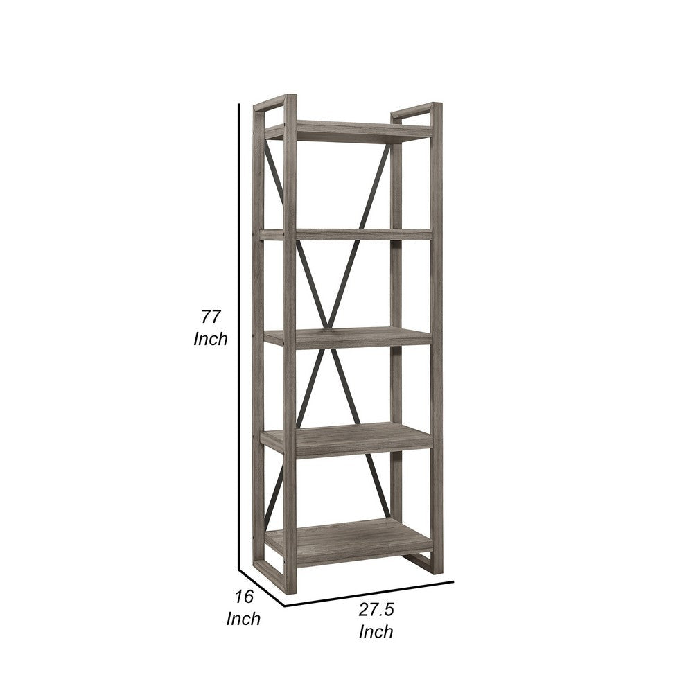 Rie 77 Inch Bookshelf 4 Tiers Metal X Shaped Support Rustic Gray Wood By Casagear Home BM316810