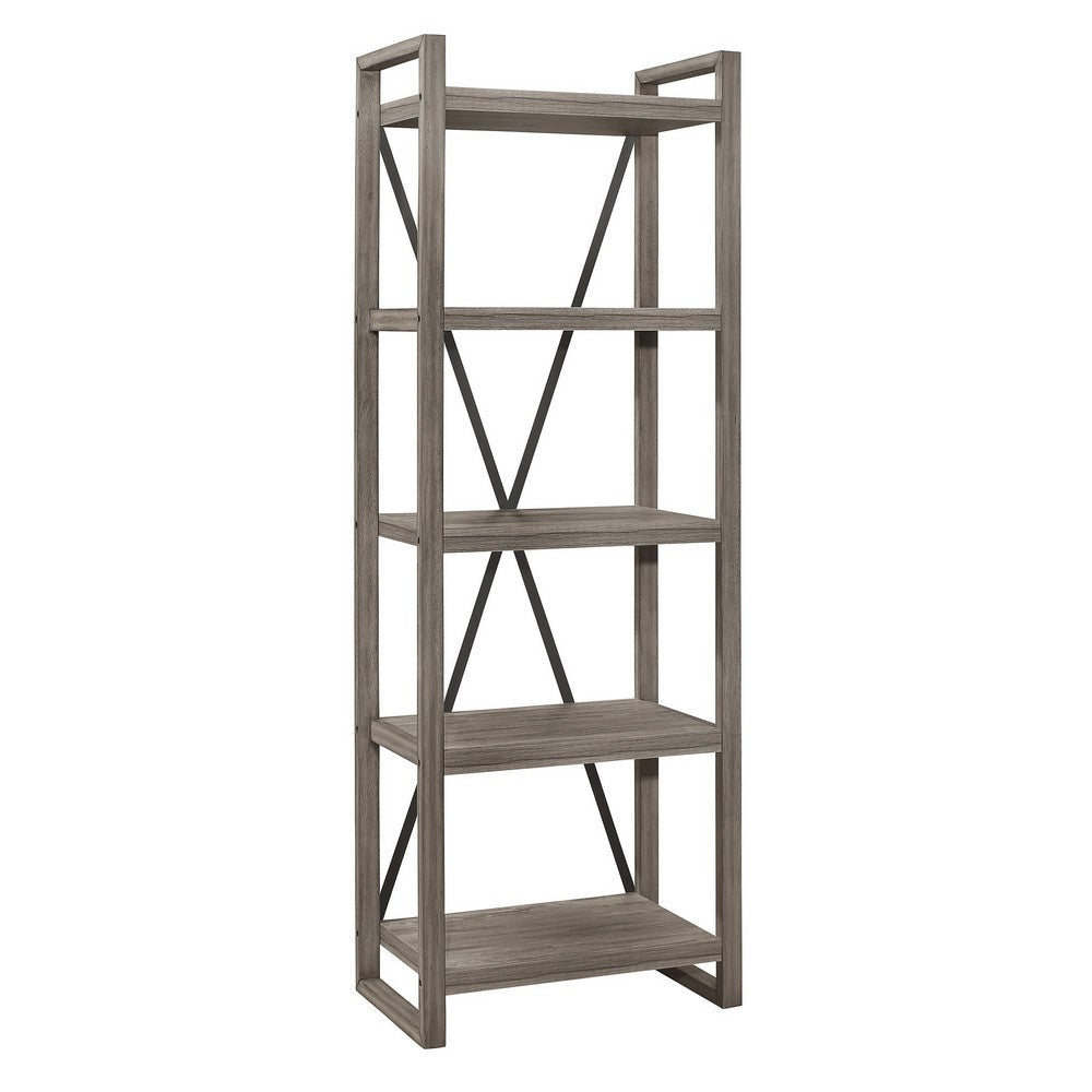 Rie 77 Inch Bookshelf, 4 Tiers , Metal X Shaped Support, Rustic Gray Wood By Casagear Home