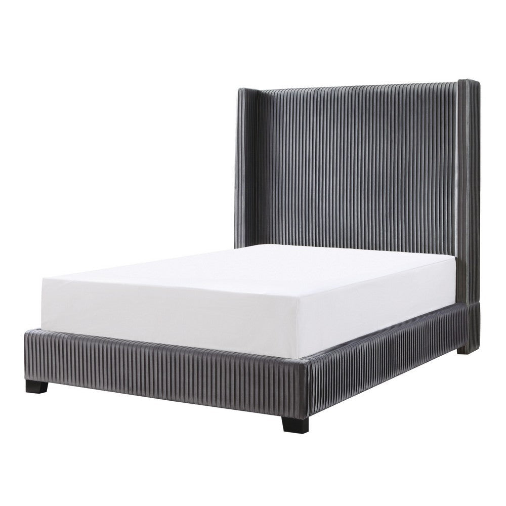 Leny Full Size Bed Dark Gray Velvet Upholstery Tall Shelter Headboard By Casagear Home BM316820