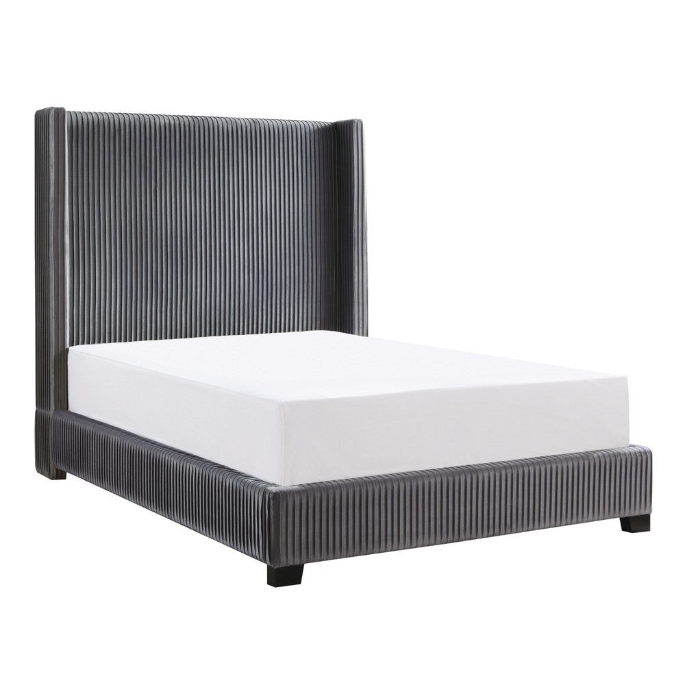 Leny California King Bed, Dark Gray Velvet Upholstery, Shelter Headboard By Casagear Home