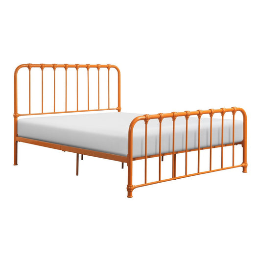 Ethan Twin Size Metal Bed, Orange Spindle Design, Heavy Duty Slat Support By Casagear Home