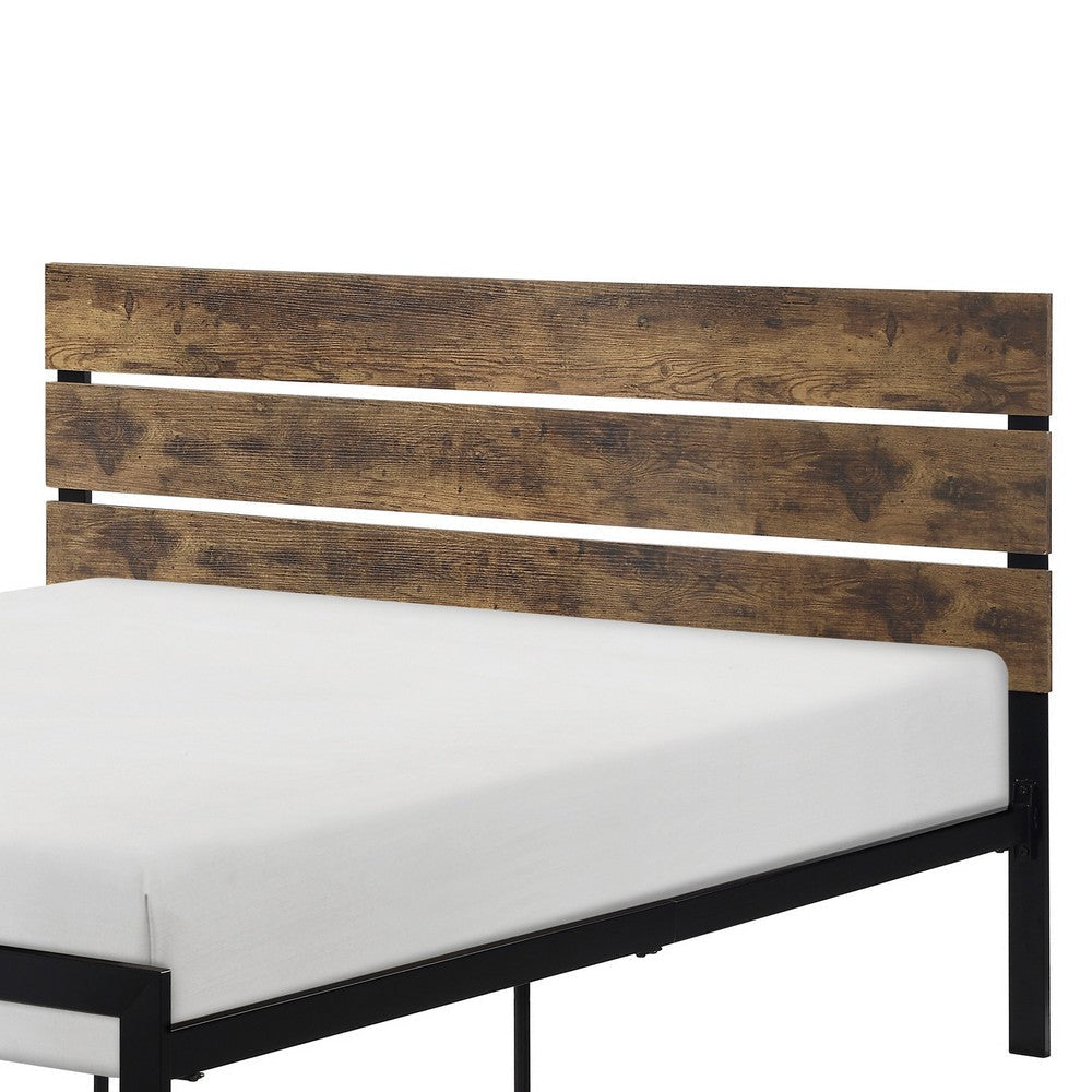 Mars Full Platform Bed Brown Faux Wood Slat Headboard Black Metal Frame By Casagear Home BM316834