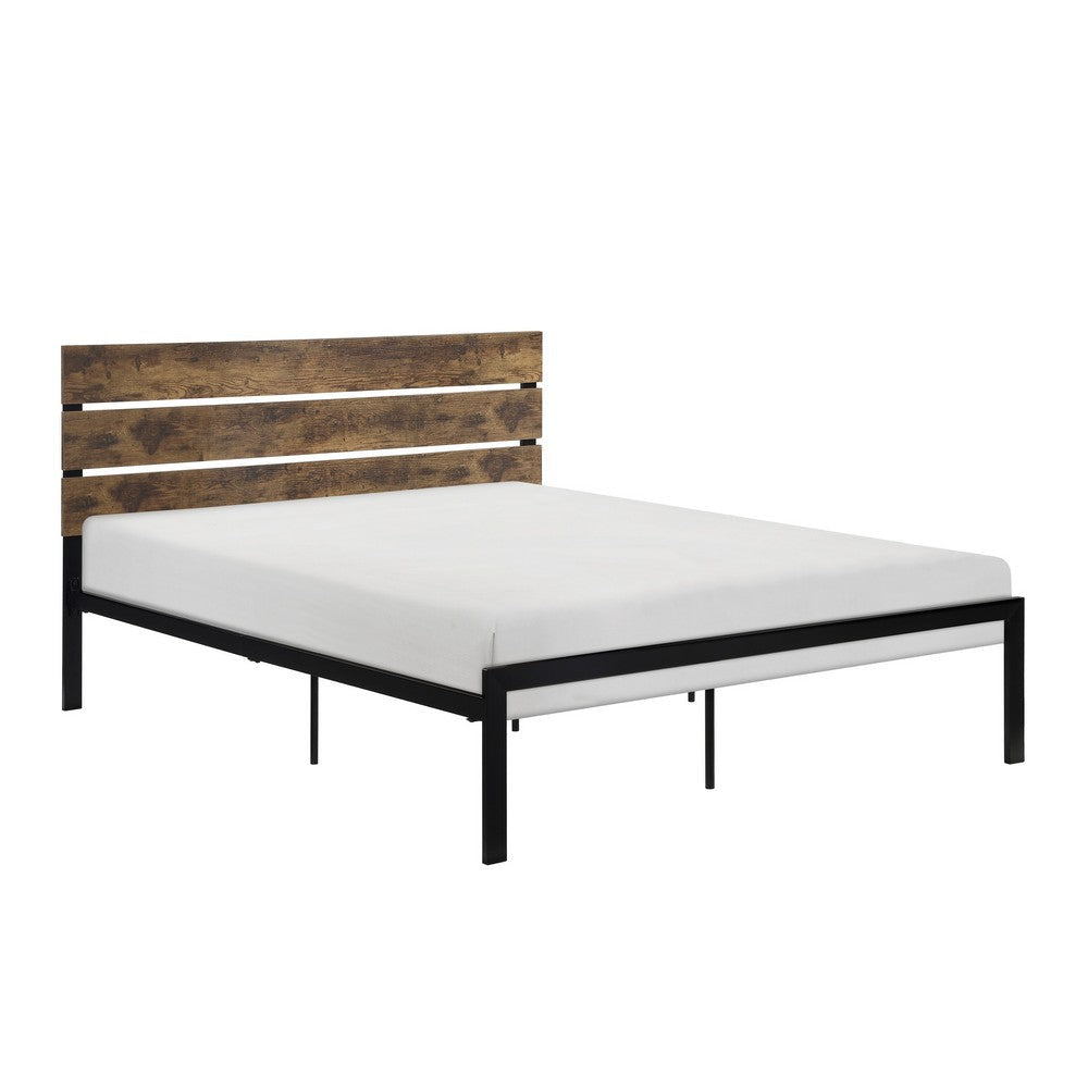 Mars Full Platform Bed, Brown Faux Wood Slat Headboard, Black Metal Frame By Casagear Home