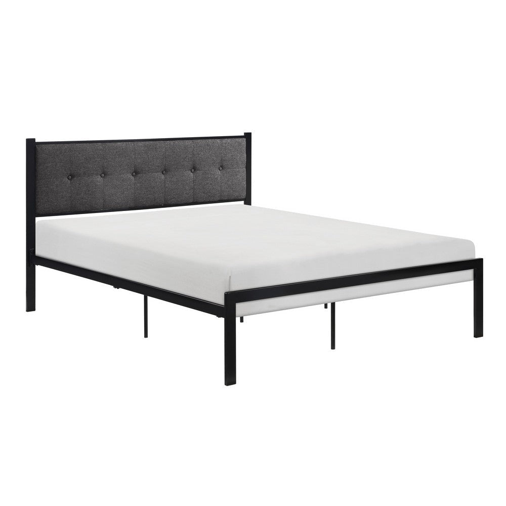 Sam Full Platform Bed, Button Black Tufted Polyester Upholstery Metal Frame By Casagear Home