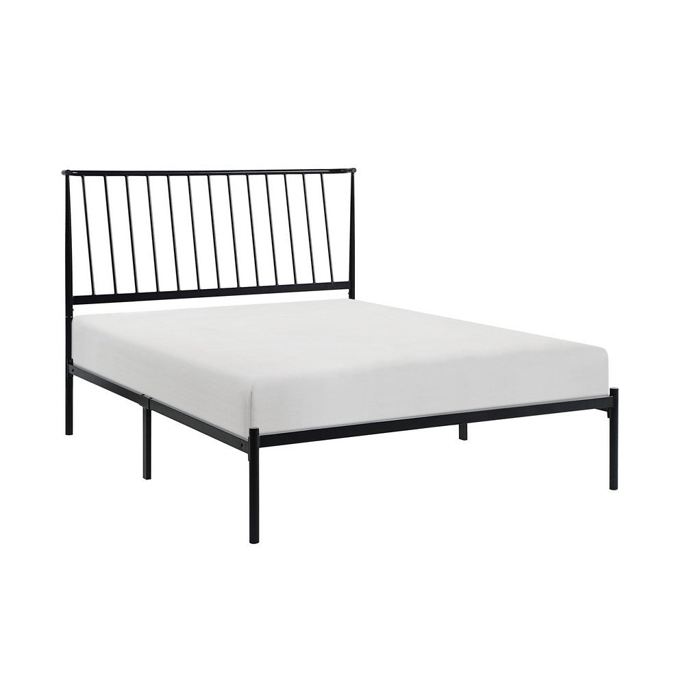 Angie Twin Size Platform Metal Bed, Subtly Angled Slats on Headboard, Black By Casagear Home