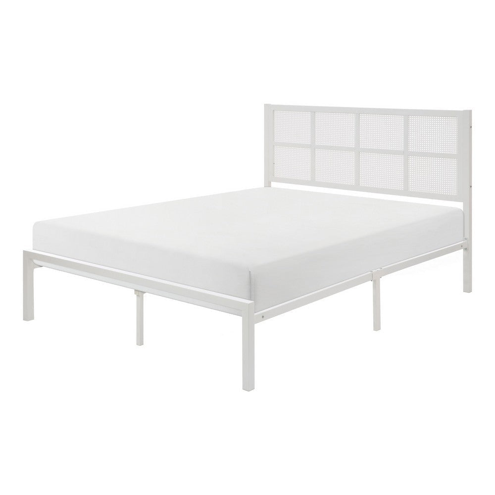 Annie Full Platform Metal Bed White Faux Cane Panel Headboard Low Profile By Casagear Home BM316849