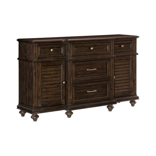 Berey 59 Inch Sideboard Buffet, 5 Drawers, 2 Cabinets, Rich Brown Wood By Casagear Home