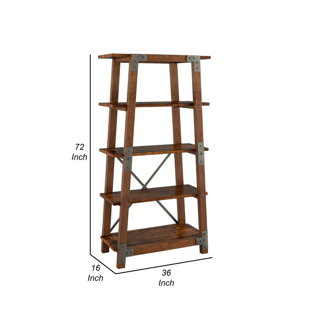 Fanny 72 Inch Bookshelf 4 Tiers Faux Rivet Details Brown Wood Frame By Casagear Home BM316857