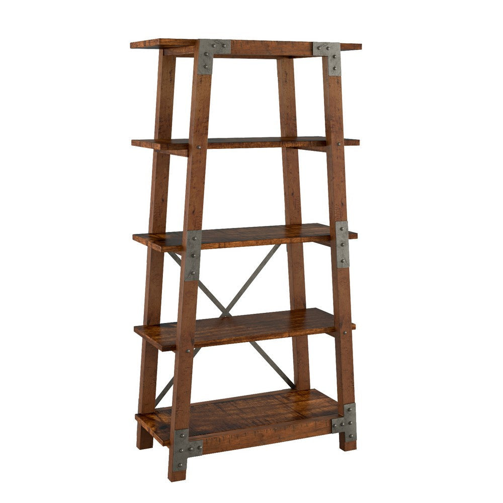 Fanny 72 Inch Bookshelf, 4 Tiers, Faux Rivet Details, Brown Wood Frame By Casagear Home