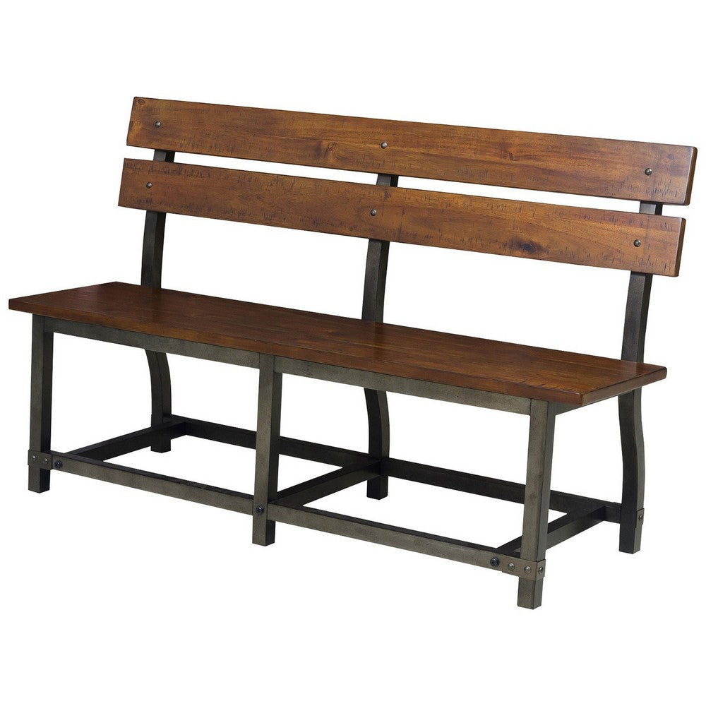 Fanny 58 Inch Accent Bench Wood Seat and Back Metal Classic Brown By Casagear Home BM316858