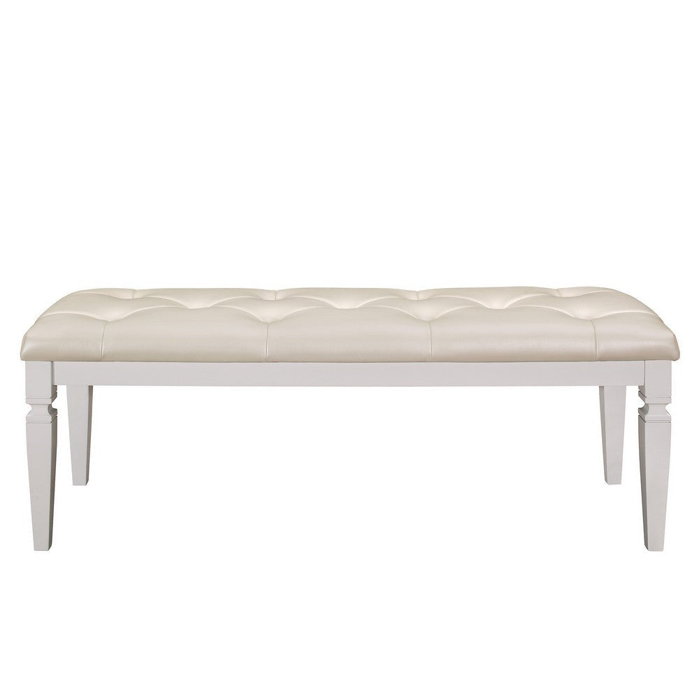 Lura 54 Inch Accent Bench Button Tufted Foam Faux Leather White Wood By Casagear Home BM316862