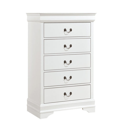 Vele 49 Inch Tall Dresser Chest, 5 Drawers, Brass Tone Metal, White Wood By Casagear Home