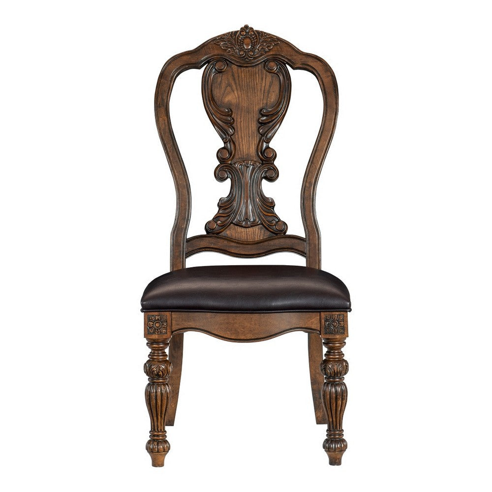 Devi 22 Inch Side Dining Chair Cutout Carved Back Brown Faux Leather By Casagear Home BM316874