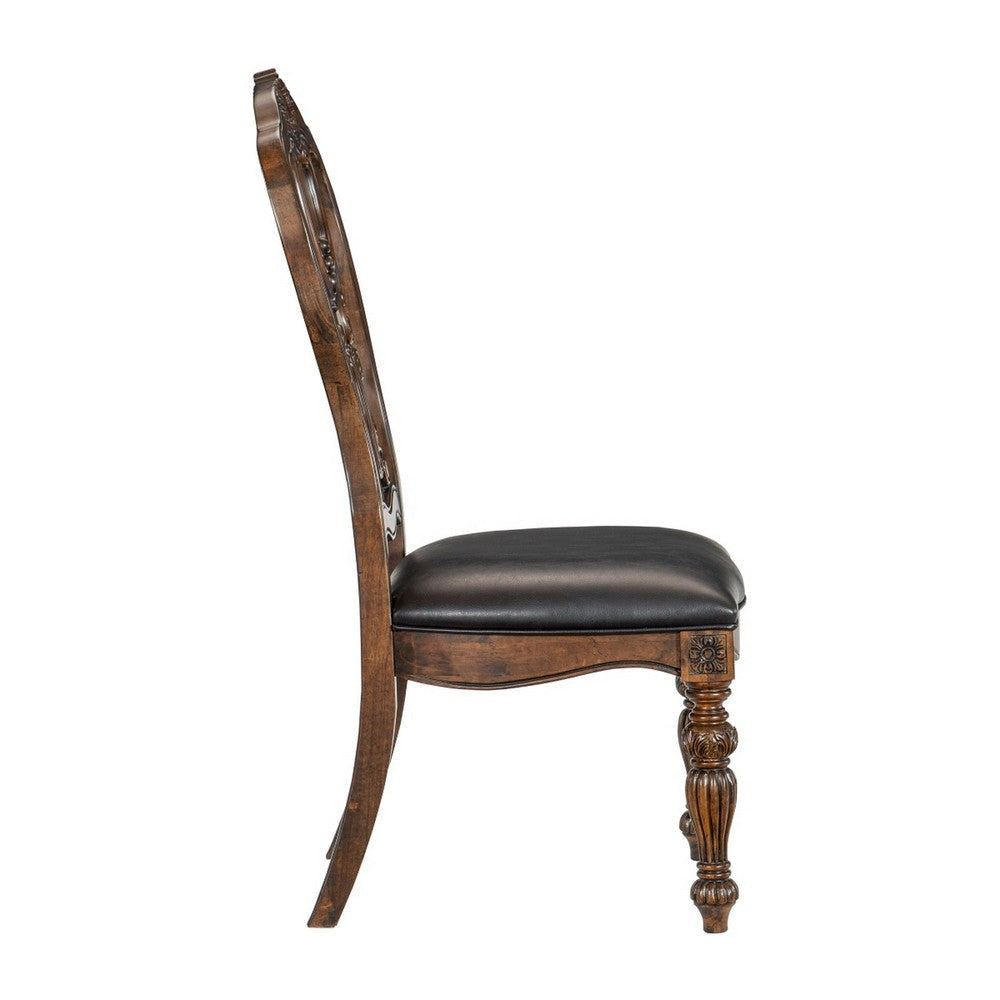 Devi 22 Inch Side Dining Chair Cutout Carved Back Brown Faux Leather By Casagear Home BM316874