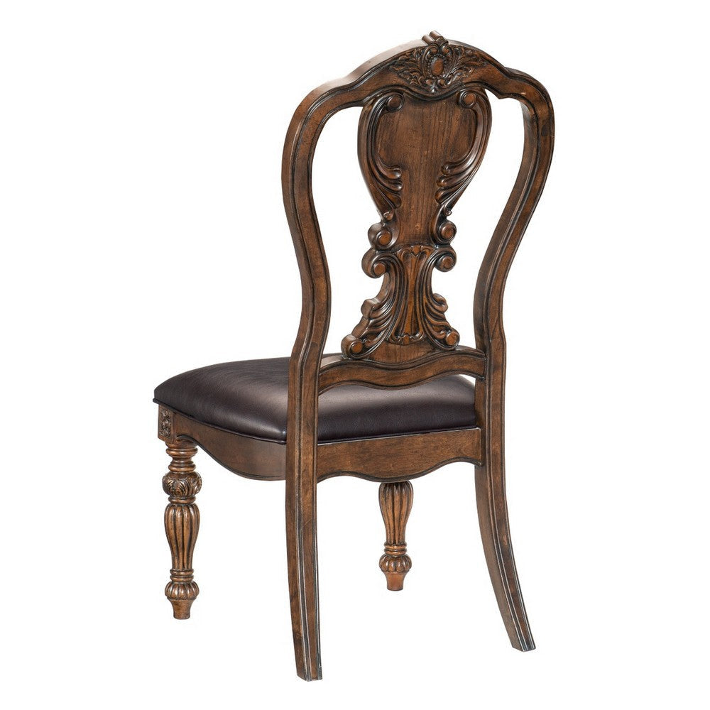 Devi 22 Inch Side Dining Chair Cutout Carved Back Brown Faux Leather By Casagear Home BM316874