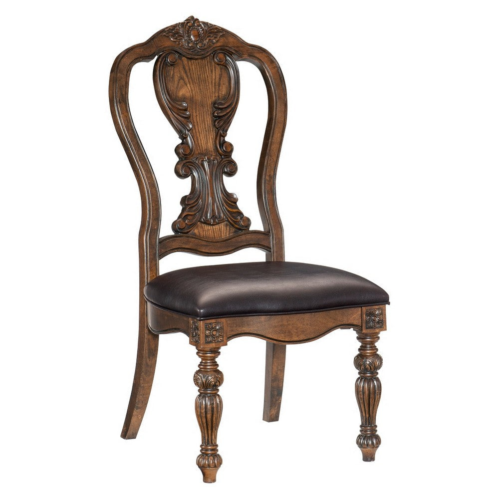 Devi 22 Inch Side Dining Chair Cutout Carved Back Brown Faux Leather By Casagear Home BM316874