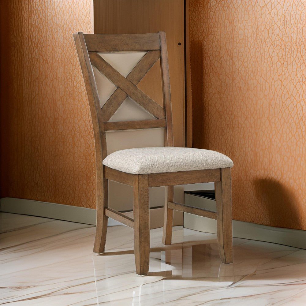 Nil 18 Inch Side Dining Chair, Open Style X Back, Beige Padded, Brown Wood By Casagear Home