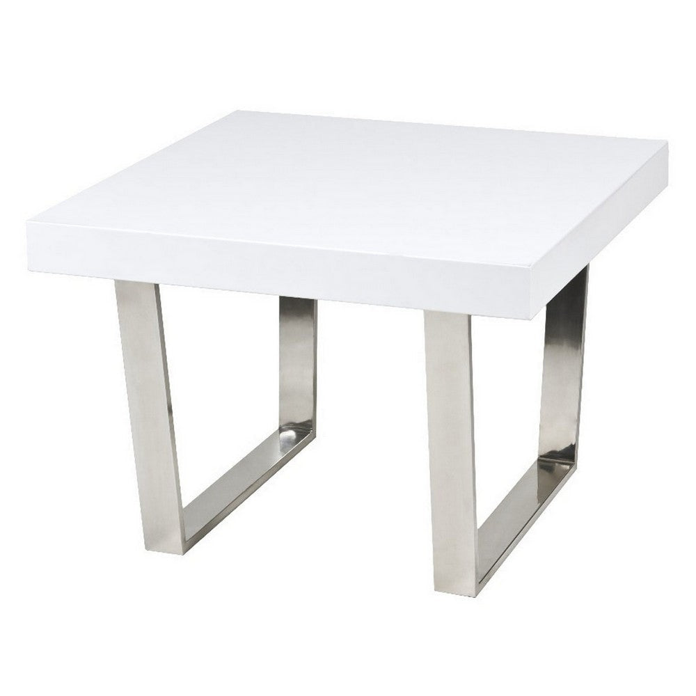 Ien 28 Inch Side End Table Square Top Metal Sled Legs White Chrome By Casagear Home BM316888