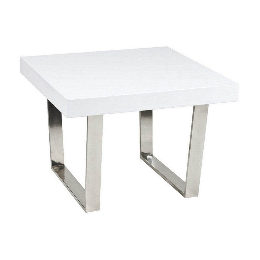 Ien 28 Inch Side End Table, Square Top, Metal Sled Legs, White, Chrome By Casagear Home