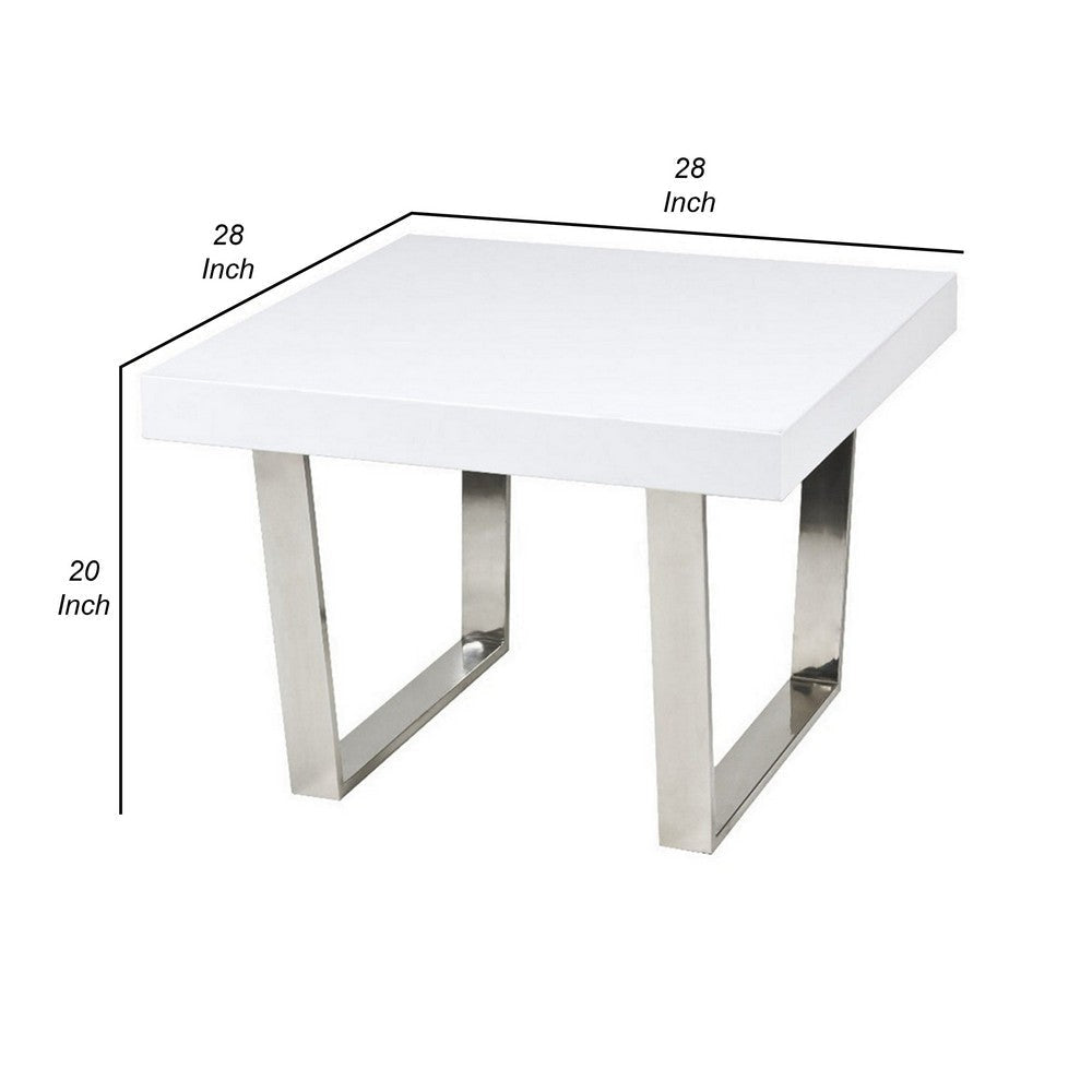 Ien 28 Inch Side End Table Square Top Metal Sled Legs White Chrome By Casagear Home BM316888