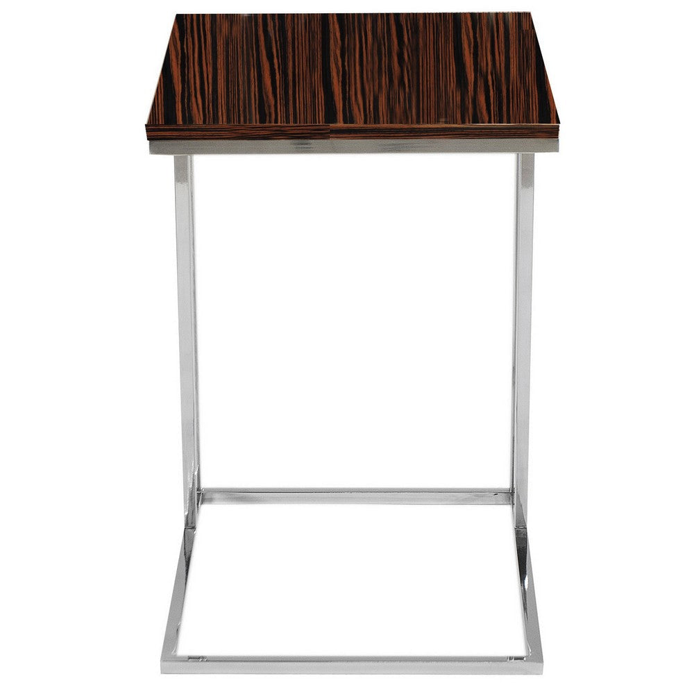 Zen 23 Inch Side Table Rectangular Tray Top C Shape Chrome Ebony Brown By Casagear Home BM316890