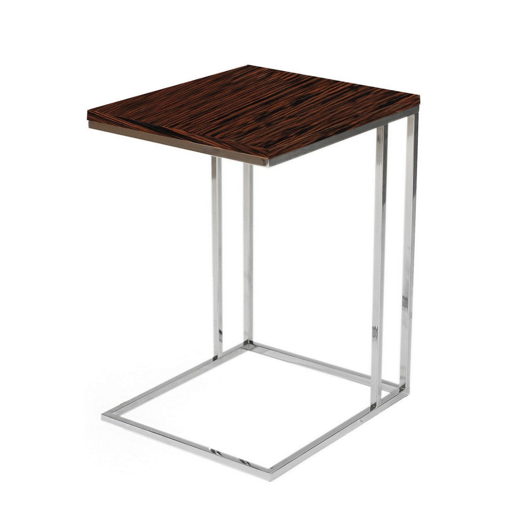 Zen 23 Inch Side Table Rectangular Tray Top C Shape Chrome Ebony Brown By Casagear Home BM316890