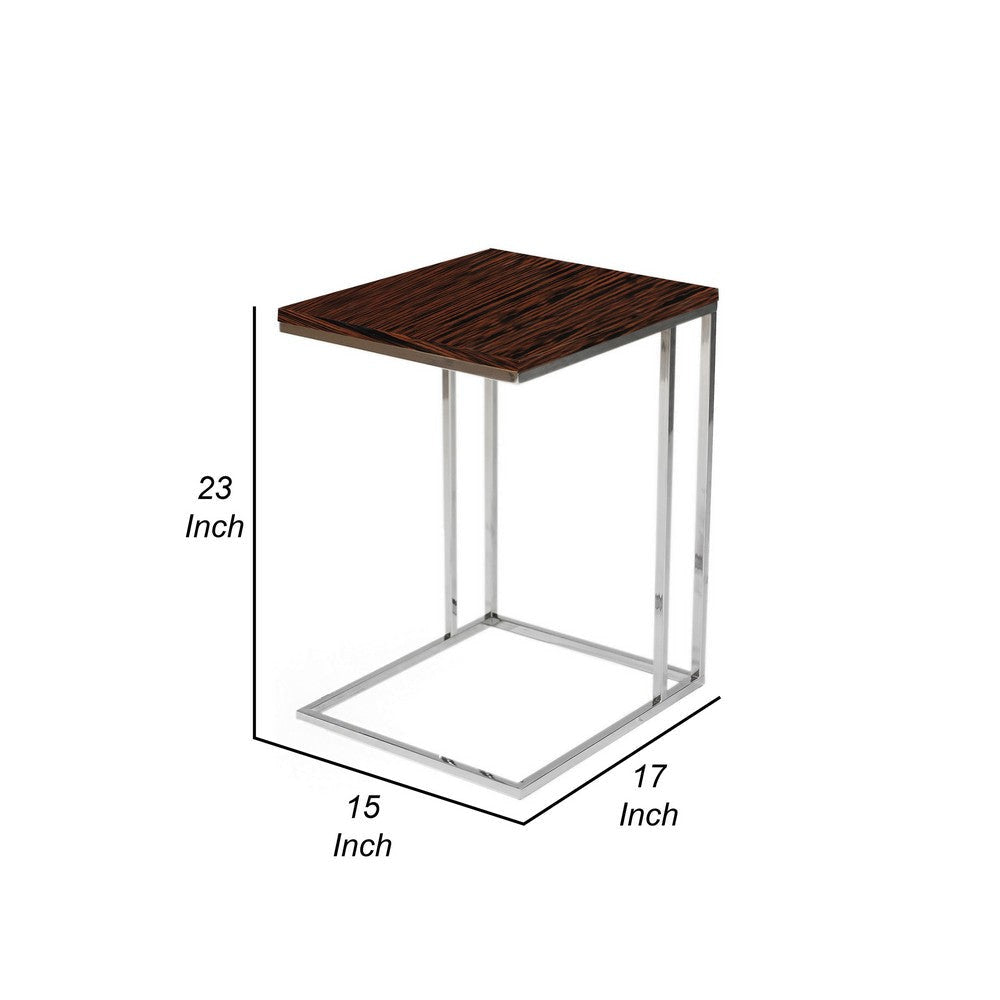 Zen 23 Inch Side Table Rectangular Tray Top C Shape Chrome Ebony Brown By Casagear Home BM316890