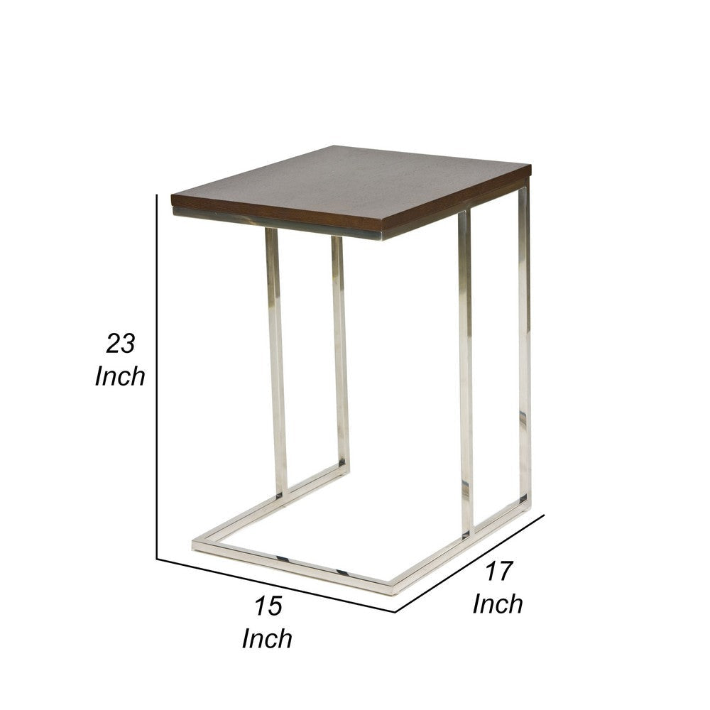 Zen 23 Inch Side Table Espresso Brown Rectangular Tray Top C Shape Chrome By Casagear Home BM316891